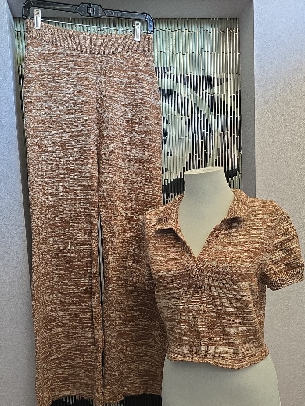 Collard Shirt And Wide-Leg Marled Knit Pants in Tan 100% Organic Cotton Set